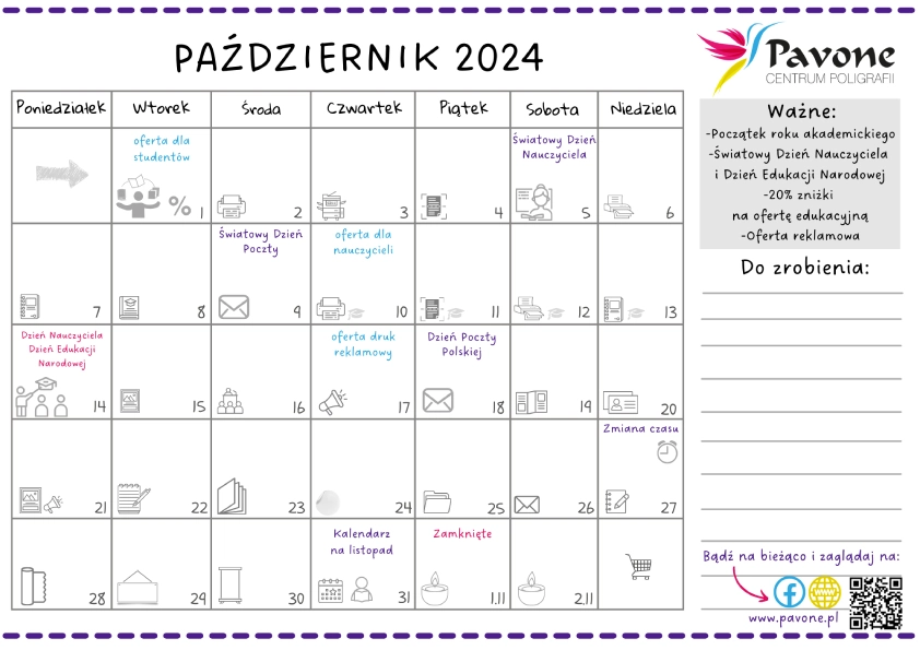 PAŹDZIERNIK 2024- kalendarz Pavone